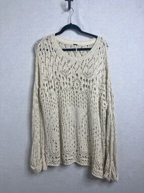 Free People Cream Crochet Knit Boho Sweater Balloon Sleeve